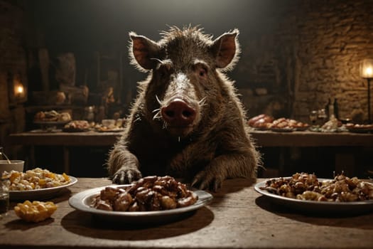 A wild boar's dining escapade captures a unique moment of wilderness meeting the civility of a candlelit supper.