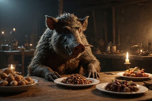 In the rustic charm of a dimly lit room, a wild boar becomes the guest of honor at a table laden with hearty dishes.