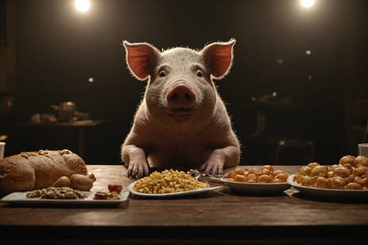 In a scene blending whimsy with tradition, a pig appears as an unexpected diner at a rustic table of various dishes.