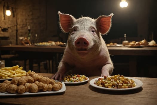 In a scene blending whimsy with tradition, a pig appears as an unexpected diner at a rustic table of various dishes.