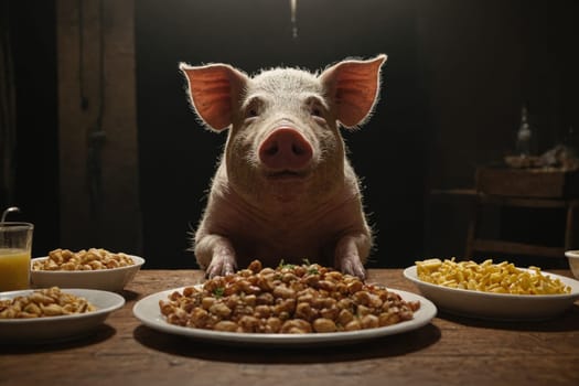 A playful pig is perched on a table surrounded by an array of delectable dishes. The pig appears to be eyeing the food with curiosity and perhaps a hint of mischief.