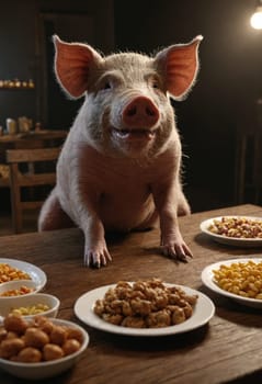 A playful pig is perched on a table surrounded by an array of delectable dishes. The pig appears to be eyeing the food with curiosity and perhaps a hint of mischief.
