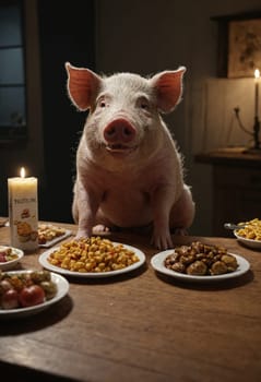 A pig takes center stage at a rustic dining table, surrounded by eclectic dishes in a softly lit, cozy room.