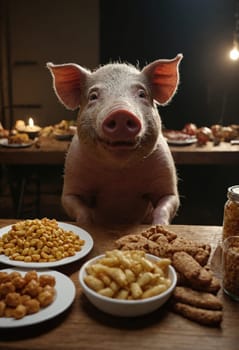 The flicker of candlelight sets the scene for a pig's banquet, featuring a delightful array of foods on a vintage table.
