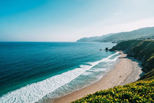 Step into an idyllic coastal haven with this captivating image of a sandy beach bordered by green cliffs. The charming white village perched on the hillside provides a picturesque backdrop, creating a perfect setting for a peaceful getaway by the sea.