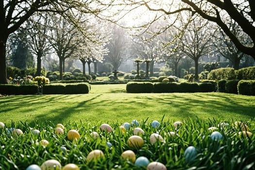 This enchanting image captures the essence of Easter, featuring a well-manicured garden under the warm glow of sunlight, with trees reaching towards each other and the ground adorned with colorful Easter eggs, creating a playful and festive atmosphere.