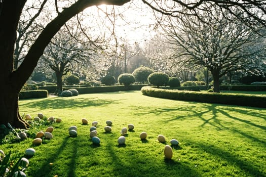 The image presents a festive garden scene, where two trees frame a sunlit lawn dotted with vibrant Easter eggs. The peaceful and idyllic atmosphere is infused with a sense of celebration and the anticipation of discovering hidden treasures.