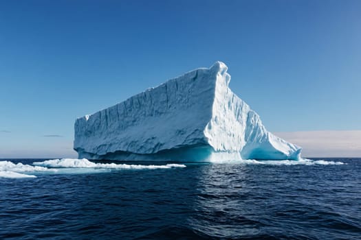 This image portrays the grandeur of a solitary iceberg, its steep sides and flat top highlighted against the deep blue of the ocean and the clear sky above, showcasing the artistry of nature's erosion.