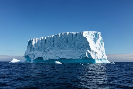 Captured in a moment of isolation, the majestic iceberg stands as a sentinel in the arctic seas, with ridges and grooves telling stories of its journey through wind and water erosion.