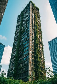 An abandoned high-rise building with its facade overgrown by lush green vegetation, symbolizing urban decay and nature's reclamation.