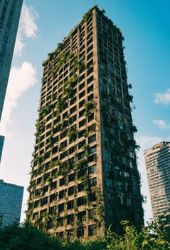A tall, dilapidated building in the city, covered in greenery as plants take over the structure.