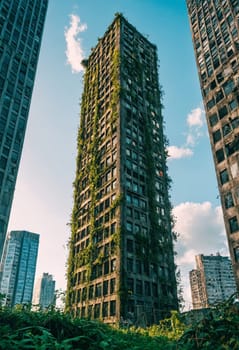 A tall, dilapidated building in the city, covered in greenery as plants take over the structure.