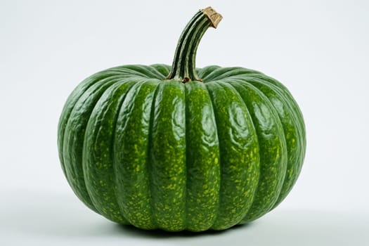 Freshly harvested green pumpkin displayed on a white surface, showcasing its vibrant color and texture.