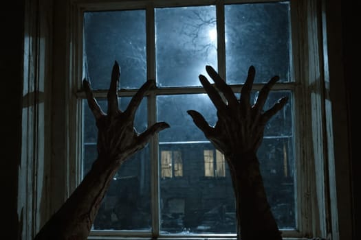 Creepy hands pressed against a window on a moonlit night, creating a chilling and eerie atmosphere.