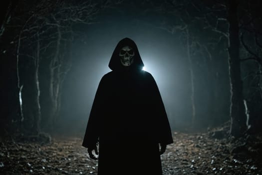 Mysterious cloaked person in the woods at night, perfect for thriller or horror themes.