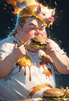 A colorful cartoon character devouring a giant burger, with fries and more burgers around, creating a fun and lively scene.