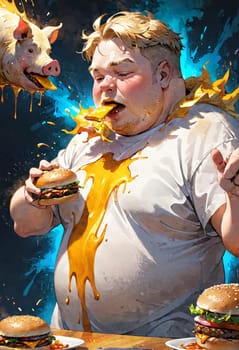 A colorful cartoon character devouring a giant burger, with fries and more burgers around, creating a fun and lively scene.