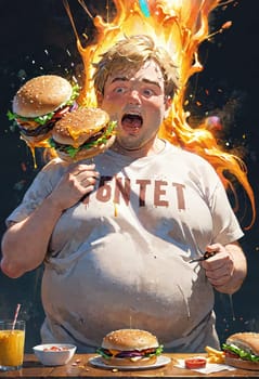 Fun and whimsical artwork showing a character indulging in a big meal, featuring burgers and fries.