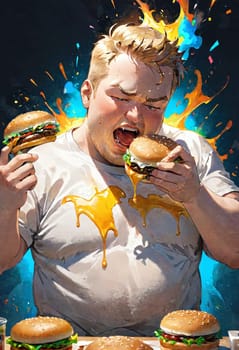 A colorful cartoon character enjoying multiple burgers, with sauce dripping and vibrant background elements.