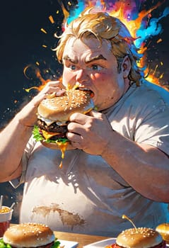 An animated illustration of a person indulging in burgers, with playful and lively details.