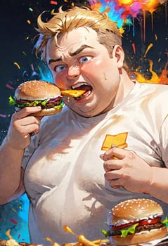 An animated illustration of a person indulging in burgers, with playful and lively details.
