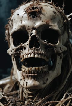 Dark, atmospheric sculpture of a skeleton enmeshed in plant roots, evoking themes of decay and nature.