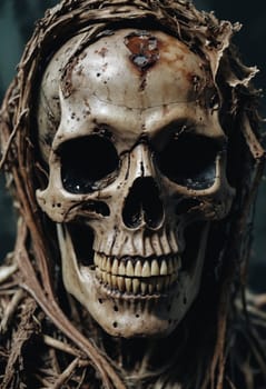 Artistic portrayal of a skeleton wrapped in roots, symbolizing the intertwining of life and death in a dimly lit environment.