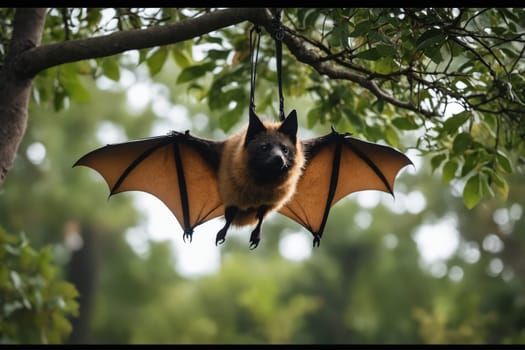 A fruit bat with spread wings hanging from a tree branch surrounded by lush greenery in a forest.