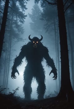 A large, horned creature with glowing eyes stands menacingly in a dark, foggy forest.