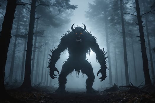 A giant beast with horns and piercing eyes emerges from the foggy depths of a dark forest.