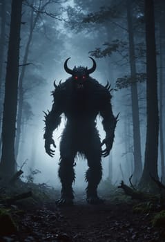 Eerie silhouette of a monstrous figure with horns and glowing eyes in a misty woodland setting.