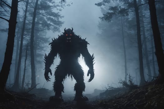 Terrifying beast with glowing eyes stands menacingly in the foggy woods, creating a haunting nighttime scene.