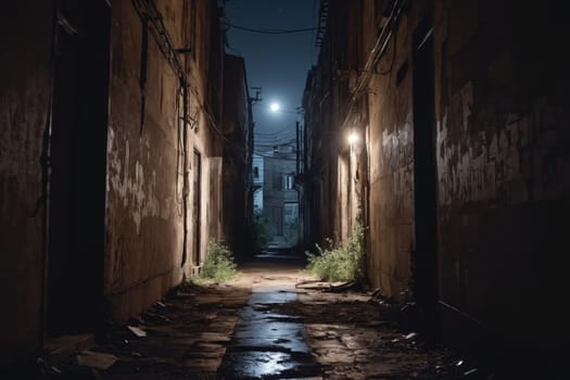 Nighttime view of a desolate alleyway illuminated by street lamps, with the moon shining above.