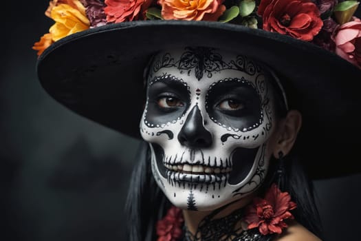 A close-up shot of a woman with a sugar skull makeup design, adorned with red roses and a black hat.