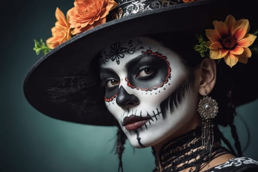 A woman with traditional Day of the Dead makeup, wearing a black hat with red roses and looking directly at the camera.