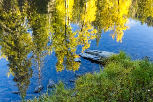 Mirror like reflections of trees with yellow leaves off the calm water of the Coeur d'Alene River in north Idaho.