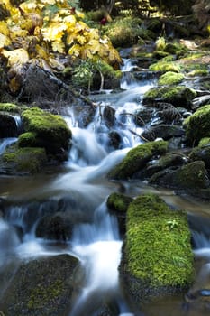 Water from a stream cascades over the rocks in autumn in north Idaho.