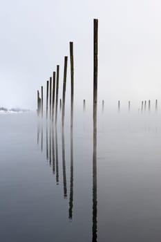 A mirror image like photo of wooden pilings reflection off the water on the calm Pend Oreille river in Washington on a foggy winter morning.