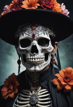 A stylish combination of a black hat with orange flowers and a black beaded necklace is prominently displayed, highlighting a creative and elegant look.