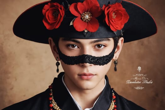 A black hat decorated with vibrant red flowers and paired with elegant earrings, showcasing a sophisticated and artistic style.