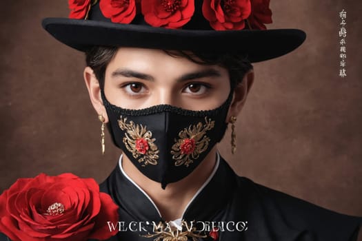 The image highlights a stylish black hat with red floral decorations and detailed earrings, presenting a blend of fashion and elegance.