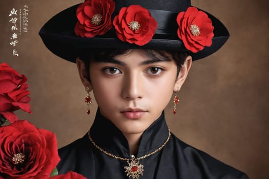 The image highlights a stylish black hat with red floral decorations and detailed earrings, presenting a blend of fashion and elegance.