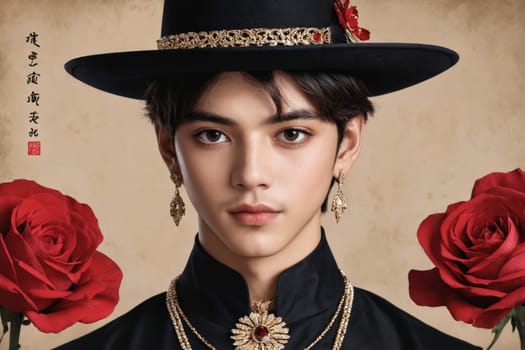 Featuring a black hat with red flowers and ornate earrings, this image captures a unique combination of nature-inspired fashion and sophisticated accessories.