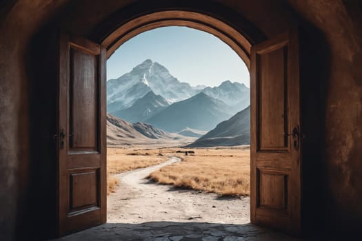 Open wooden doors reveal a majestic mountain view, blending rustic charm with natural beauty in one scene.