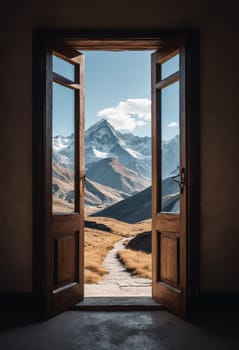 A majestic mountain landscape is perfectly framed by open wooden doors, showcasing the beauty of nature.