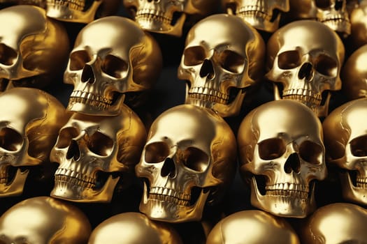 The image showcases multiple shiny golden skulls closely arranged, creating a captivating and reflective display.