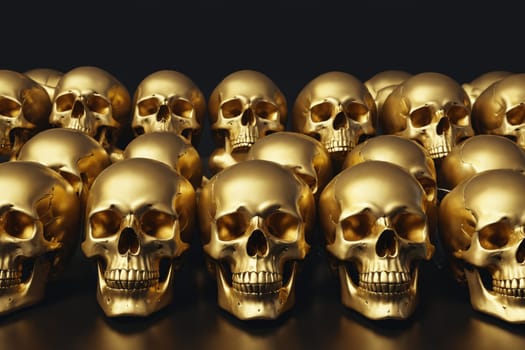 The image showcases multiple shiny golden skulls closely arranged, creating a captivating and reflective display.