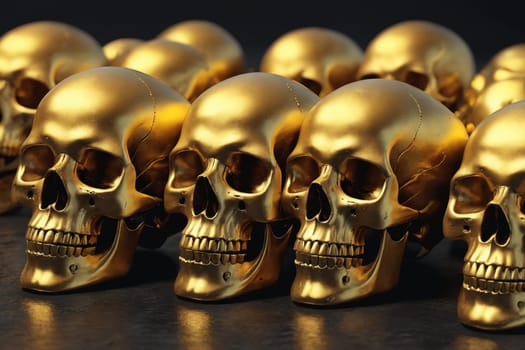 An array of polished gold skulls is featured, highlighting their intricate details and reflective surfaces.