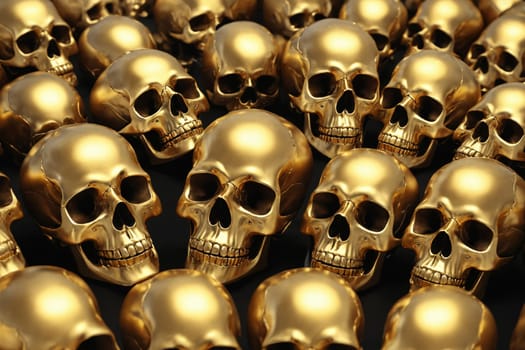 An array of polished gold skulls is featured, highlighting their intricate details and reflective surfaces.