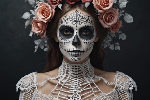 An artistic portrayal of a skeletal chest adorned with a floral headpiece and lace garments, blending nature and anatomy.